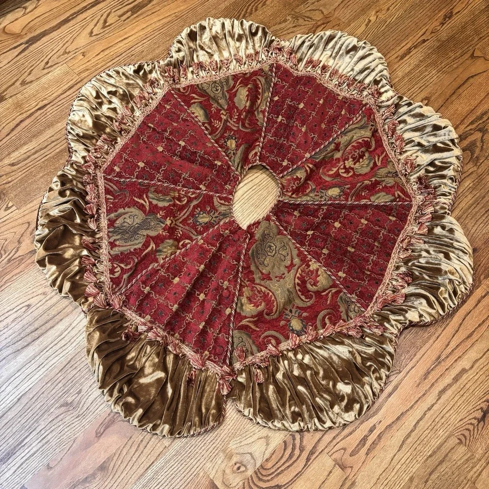 Serendipity Christmas Tree Skirt Red Gold Velvet Tassel Ruffle Holiday Decor 50